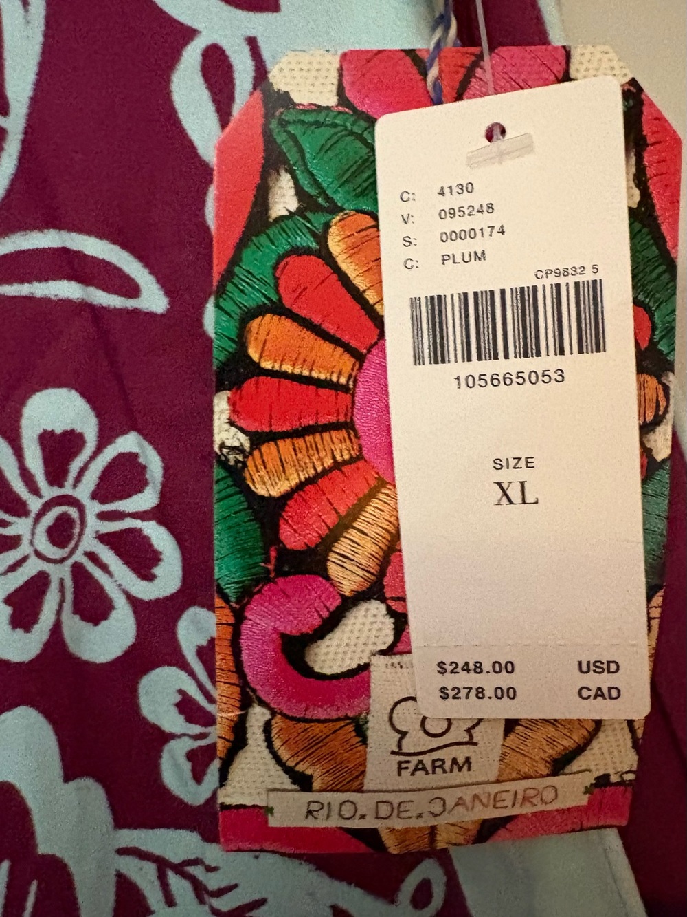 FARM Rio X Anthropologie Burgundy and Blue V-Neck Puff-Sleeve Midi/Maxi Dress - Picture 7 of 16